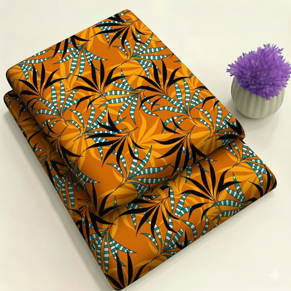 Golden Amber Tropical Frond Print - Black & Turquoise Accents Print 2-Piece Unstitched Suit