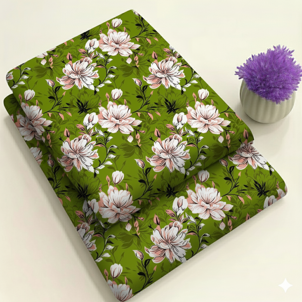 Olive Green Large Scale Floral - White & Blush Peonies Print 2-Piece Unstitched Suit