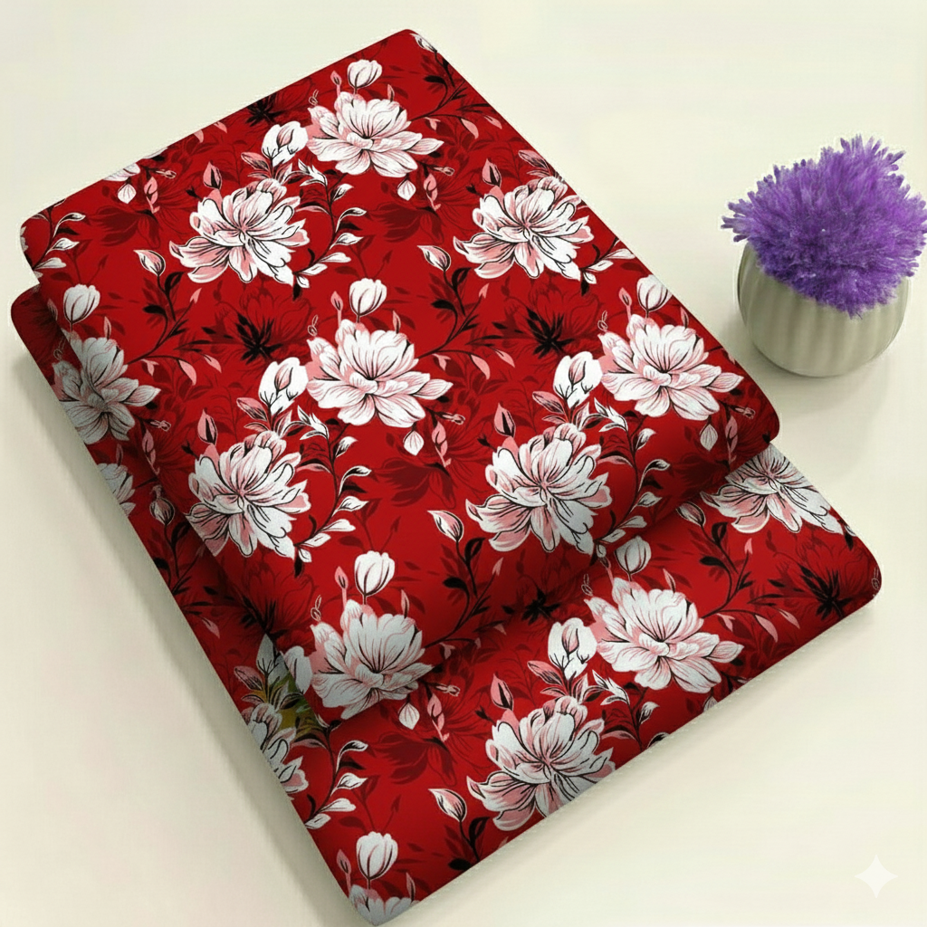 Deep Red Large Scale Floral - White Peonies Print 2-Piece Unstitched Suit