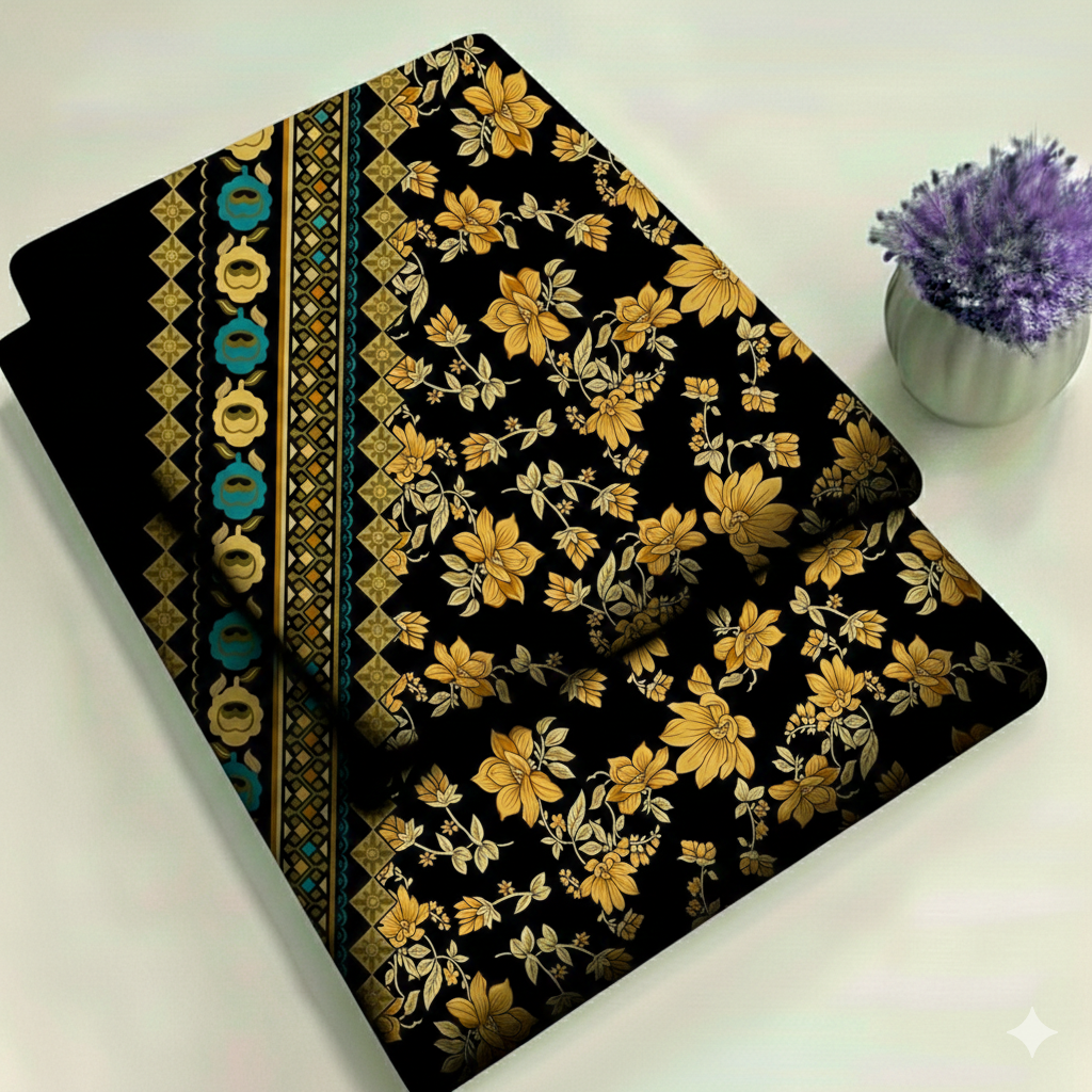 Black & Midnight Gold with Borders Floral Print 2-Piece Unstitched Suit (D-397)