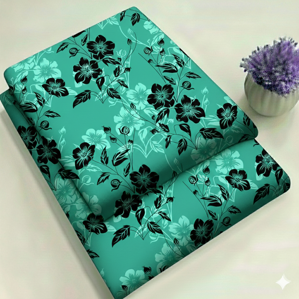Teal Blossom with Ebony Accents Floral Print 2-Piece Unstitched Suit (D-412)