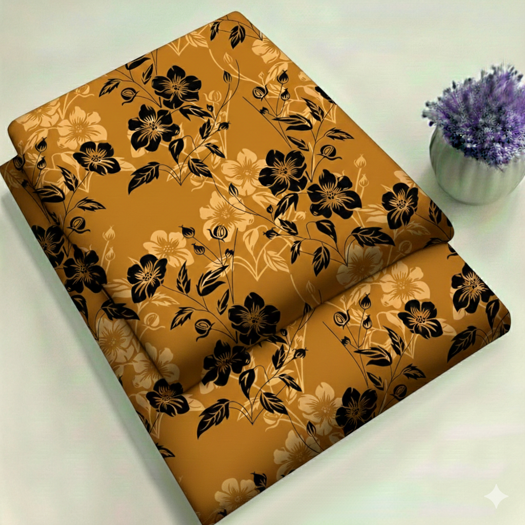 Golden Harvest with Ebony Accents Floral Print 2-Piece Unstitched Suit (D-412)