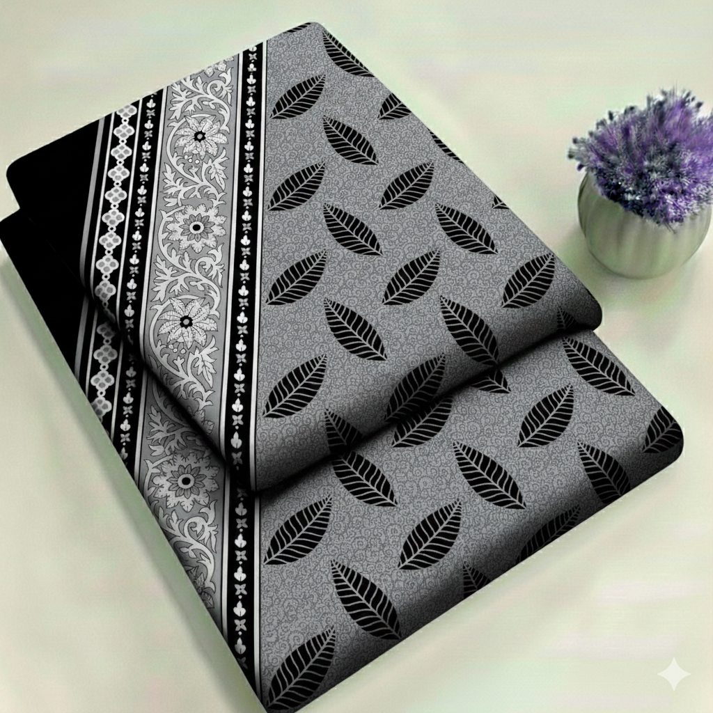 Grey & Black Monochrome Leaf Floral Print 2-Piece Unstitched Suit (D-411)