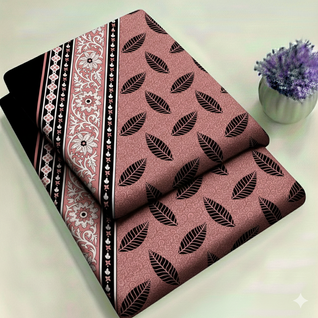 Dusty Rose & Black Leaf Floral Print 2-Piece Unstitched Suit (D-411)