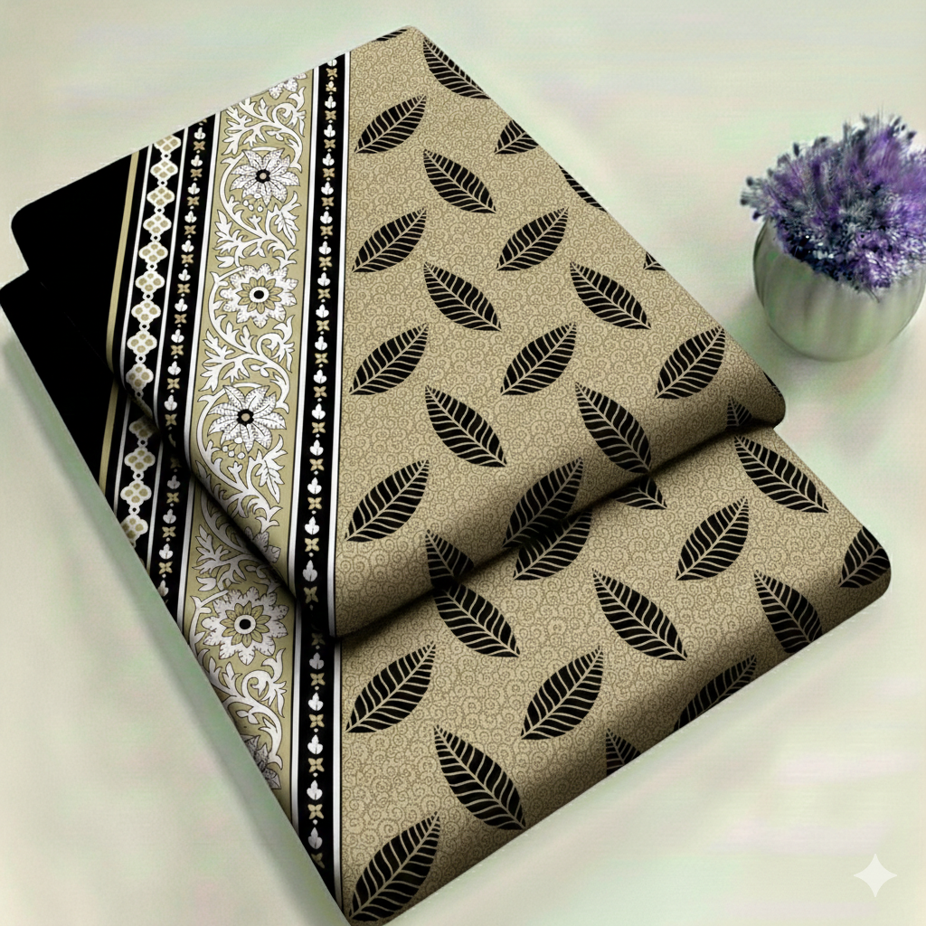 Beige & Black Leaf Floral Print 2-Piece Unstitched Suit (D-411)