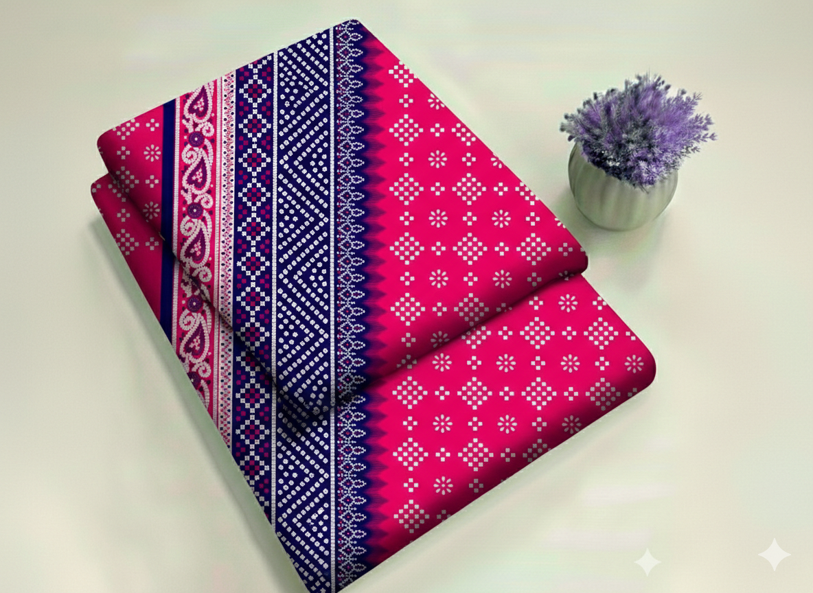 Pink and Navy Blue Bandhani with Borders Floral Print 2-Piece Unstitched Suit (D-396)