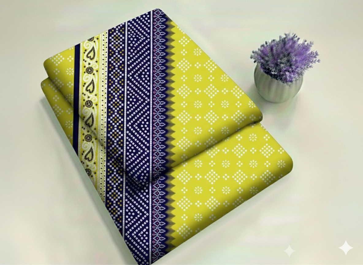 Lime Green and Navy Blue Bandhani with Borders Floral Print 2-Piece Unstitched Suit (D-396)