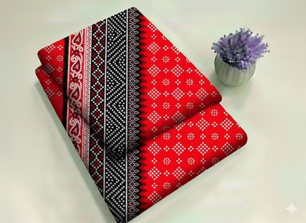 Classic Red and Black Bandhani with Borders Floral Print 2-Piece Unstitched Suit (D-396)