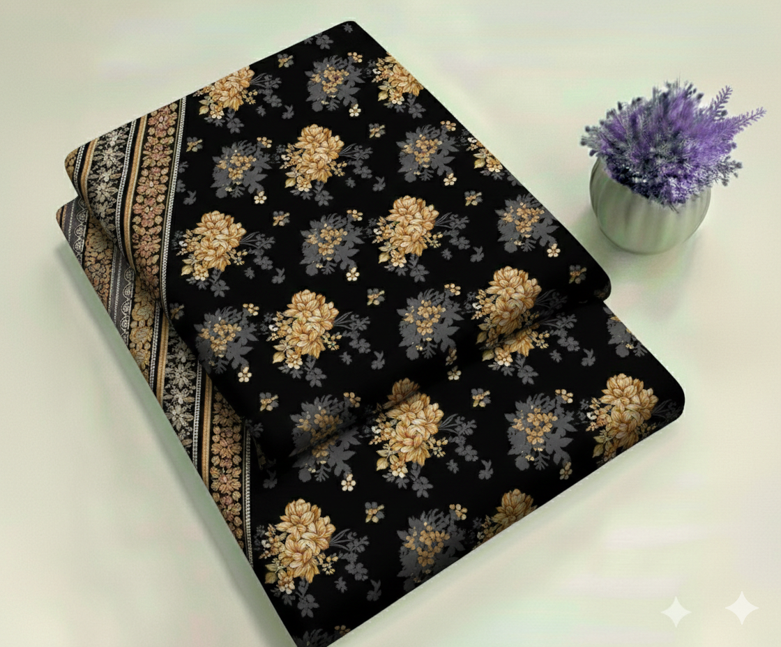 Midnight Black & Vintage Rose Gold with Lace Borders Floral Print 2-Piece Unstitched Suit (D-398)