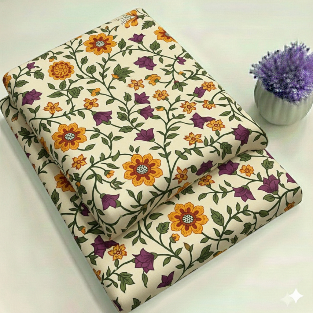 Cream Base with Mustard and Purple Blooms Floral Print 2-Piece Unstitched Suit (D-351)