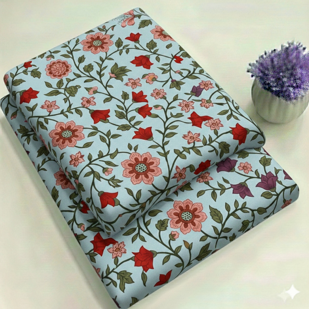 Powder Blue Base with Rose Pink Blooms Floral Print 2-Piece Unstitched Suit (D-351)