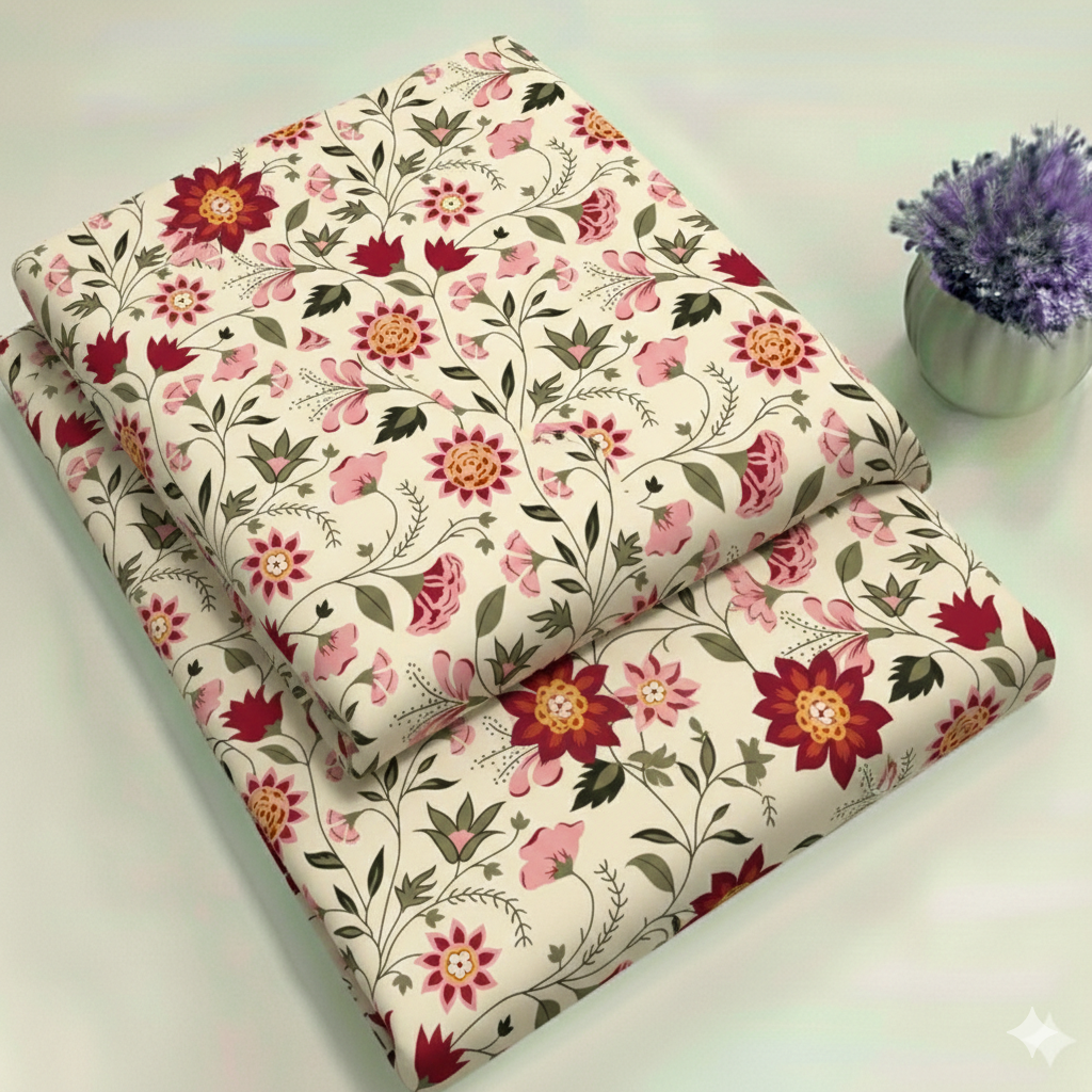 Deep Red & Peach Floral Booti Print 2-Piece Unstitched Suit (D-351)