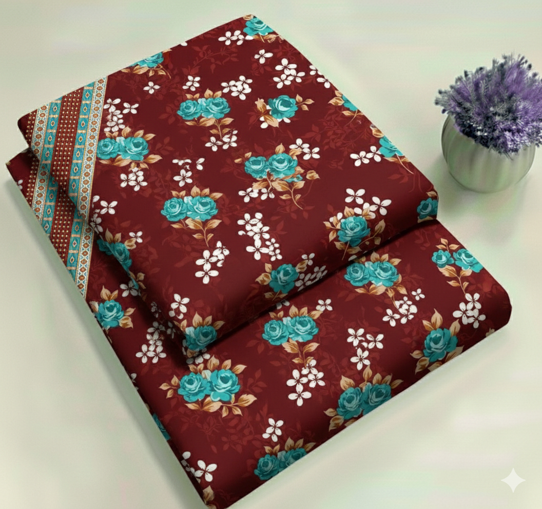 Maroon Floral Set with Contrast Border Booti Print 2-Piece Unstitched Suit (D-400)