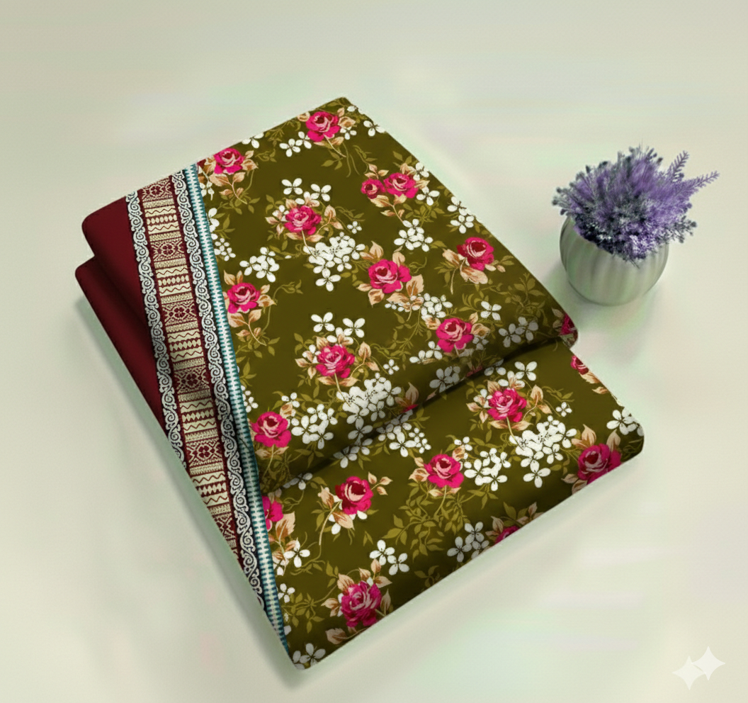 Olive Green & Pink with Contrast Border Booti Print 2-Piece Unstitched Suit (D-400)