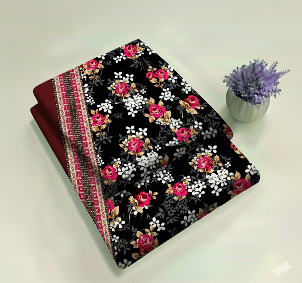 Black & Pink with Contrast Border Booti Print 2-Piece Unstitched Suit (D-400)