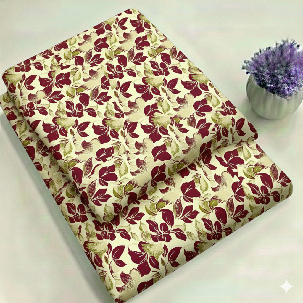 Vintage Burgundy and Sage Botanical Floral Print 2-Piece Unstitched Suit (D-401)
