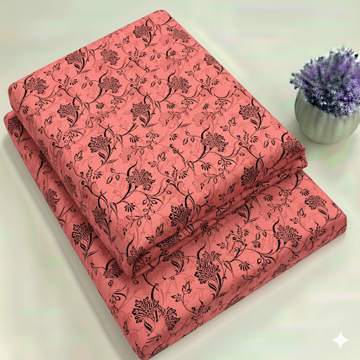 Coral Pink & Black Botanical Floral Print Fabric 2-Piece Unstitched Suit (D-387)