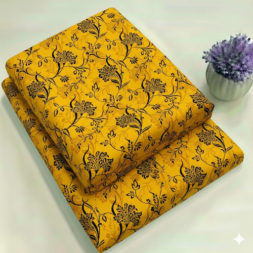 Premium Mustard Botanical Floral Print Fabric 2-Piece Unstitched Suit (D-387)