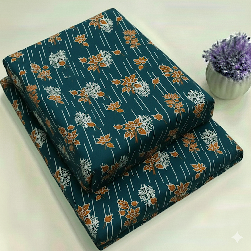 Deep Teal & Ochre with Vertical Pinstripe Floral Print Fabric 2-Piece Unstitched Suit (D-381)