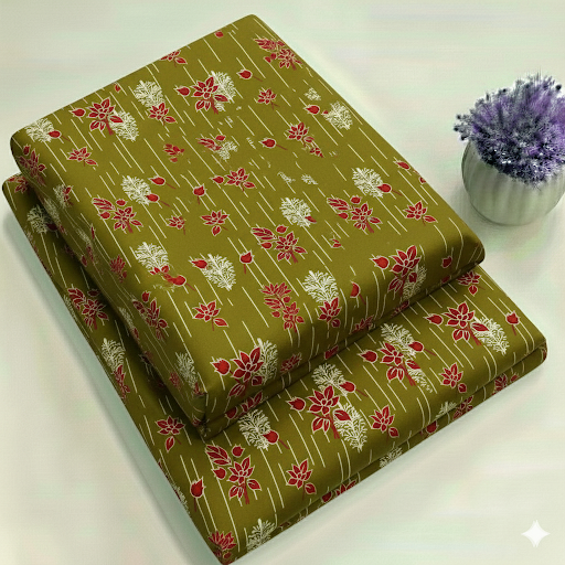 Olive Green & Red Floral Print Fabric 2-Piece Unstitched Suit (D-381)