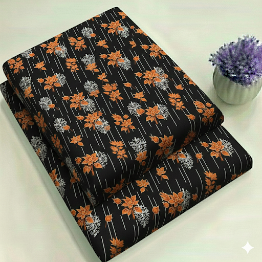 Black & Rust Orange Floral Print Fabric 2-Piece Unstitched Suit (D-381)