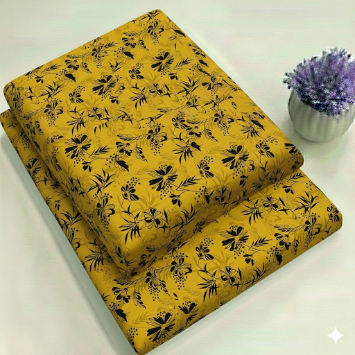 Premium Mustard & Black Sketch Floral Print Fabric 2-Piece Unstitched Suit (D-385)
