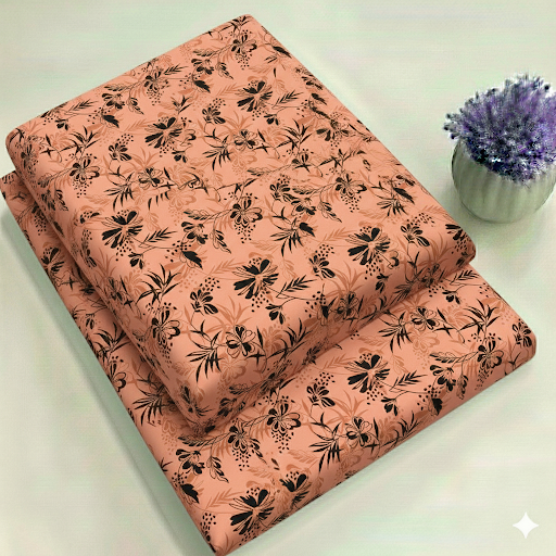 Apricot base with Charcoal Black Floral Print Fabric 2-Piece Unstitched Suit (D-385)