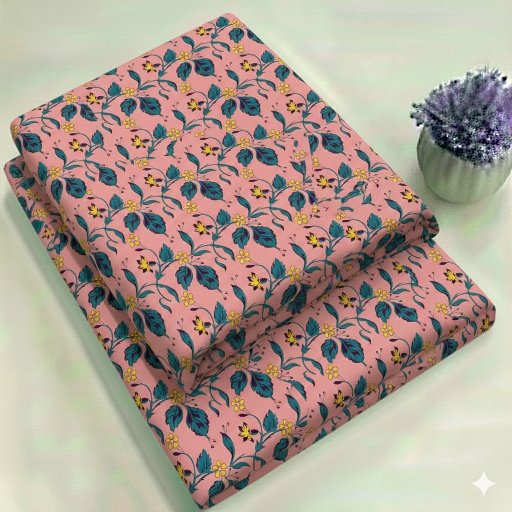 Pink & Teal Botanical Floral Print Fabric 2-Piece Unstitched Suit (D-384)
