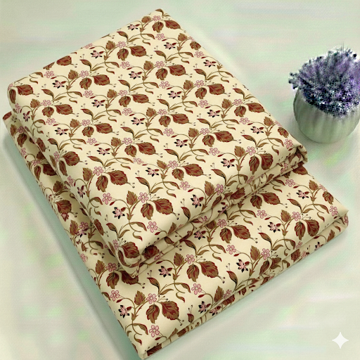 Walnut Brown and Cream Floral Print Fabric 2-Piece Unstitched Suit (D-384)