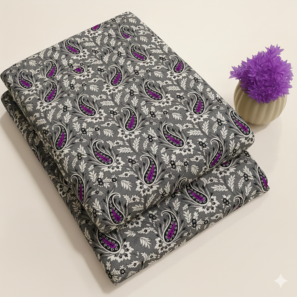 Purple Paisley & Slate Grey Floral Print Fabric 2-Piece Unstitched Suit (D-383)