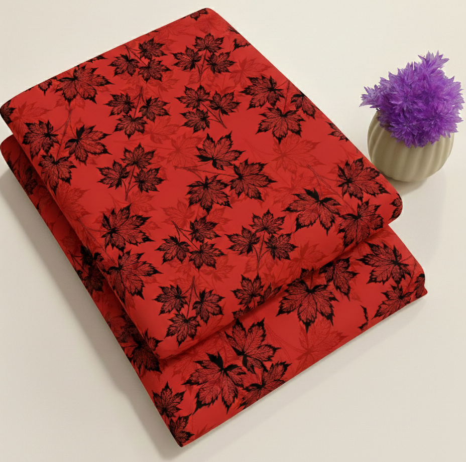Scarlet Autumn Ember Maple Floral Print Fabric 2-Piece Unstitched Suit (D-390)