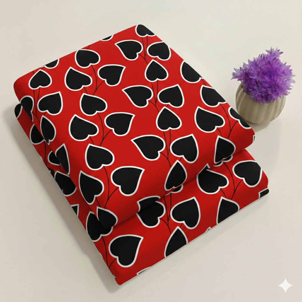 Stylized heart-shaped leaves on RED Floral Print Fabric 2-Piece Unstitched Suit (D-410)
