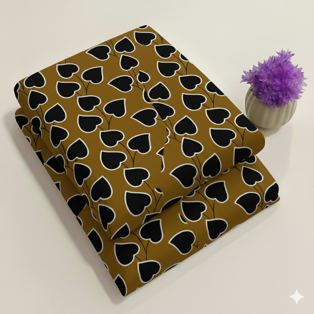Stylized heart-shaped leaves on Ochre Floral Print Fabric 2-Piece Unstitched Suit (D-410)