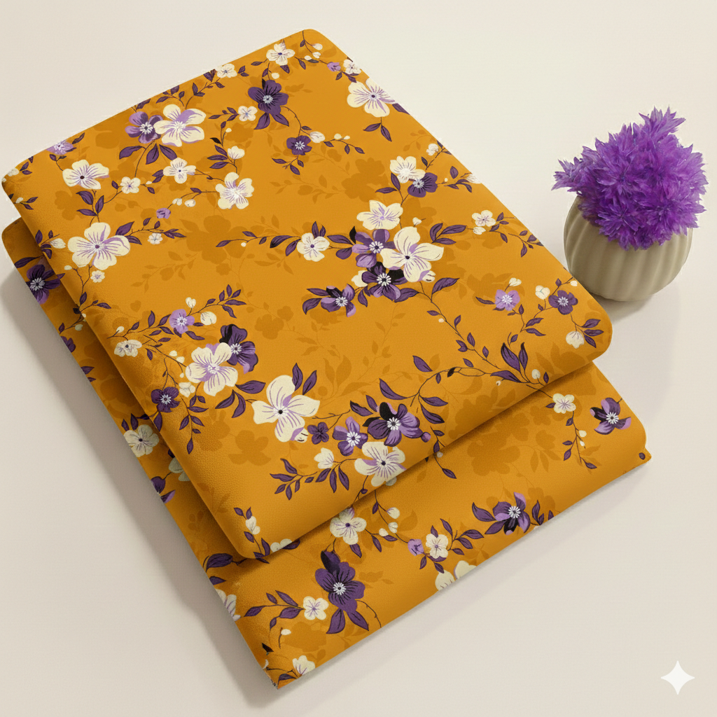 Sunset Gold & Violet Meadow Floral Print Fabric 2-Piece Unstitched Suit (D-407)