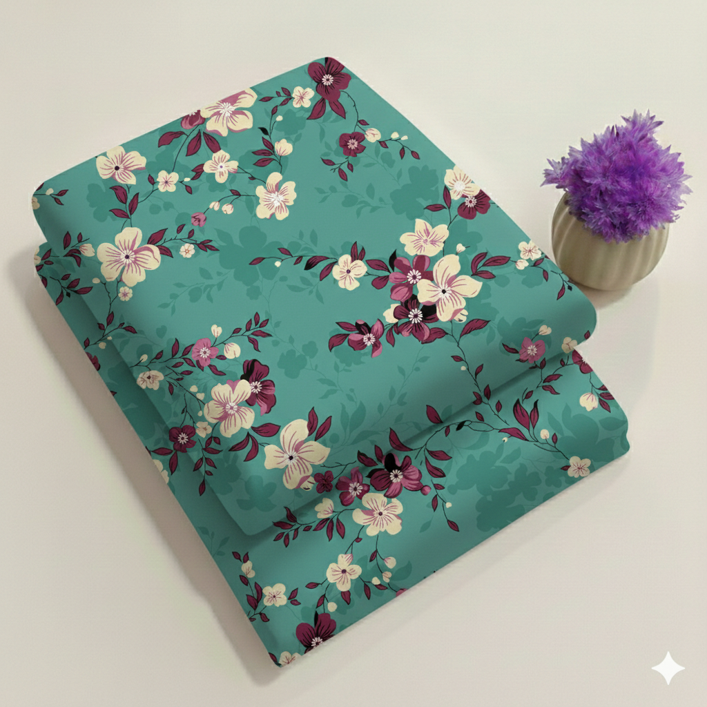 seafoam green & Violet Meadow Floral Print Fabric 2-Piece Unstitched Suit (D-407)