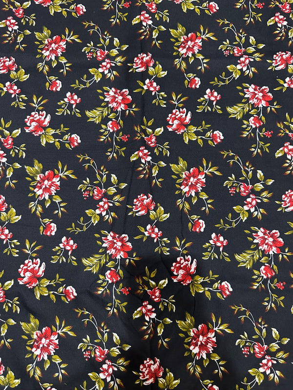 Red Blossom on Black Print 2-Piece Unstitched Suit (D-291)