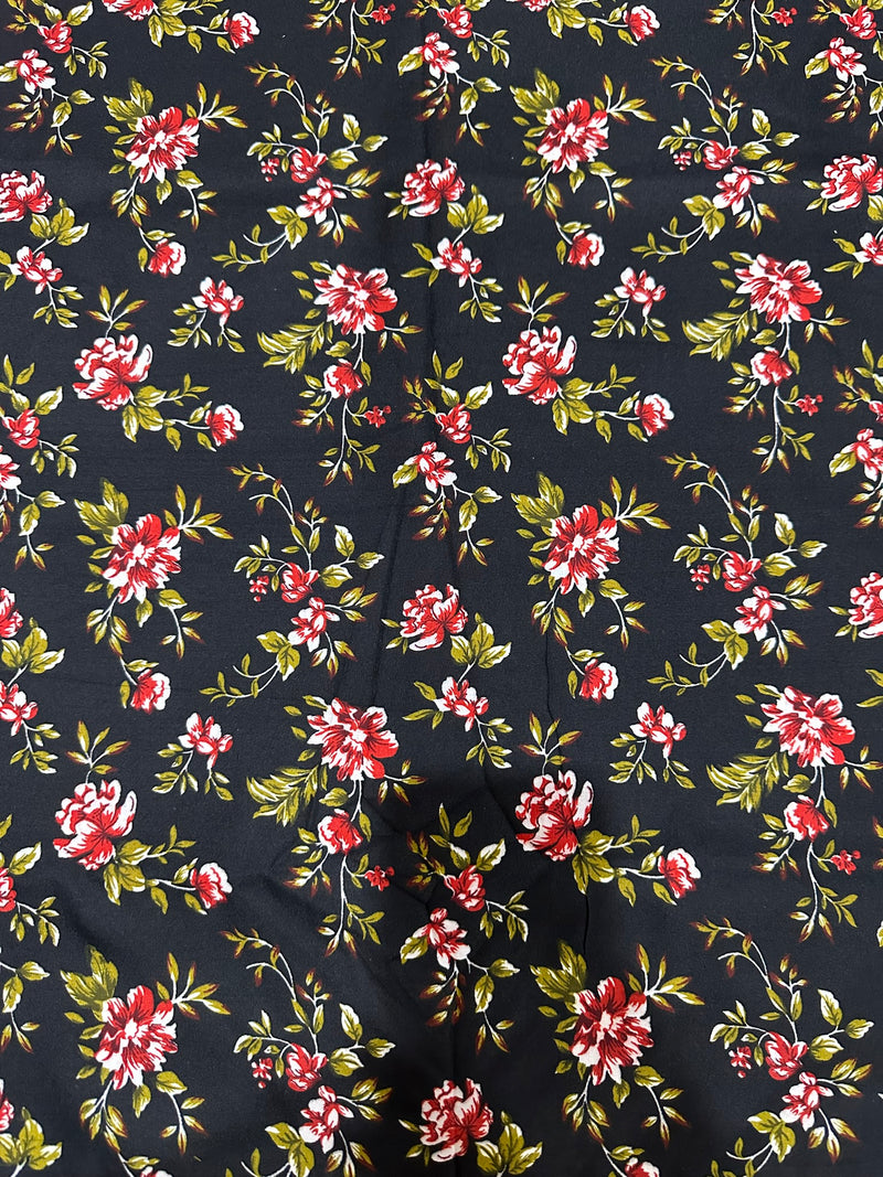 Red Blossom on Black Print 2-Piece Unstitched Suit (D-291)