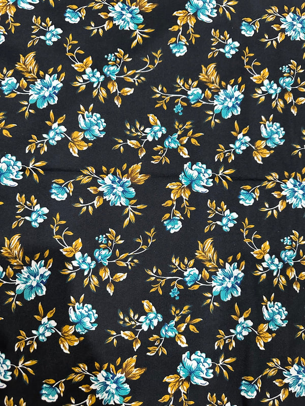 Blue Blossom on Black Print 2-Piece Unstitched Suit (D-291)