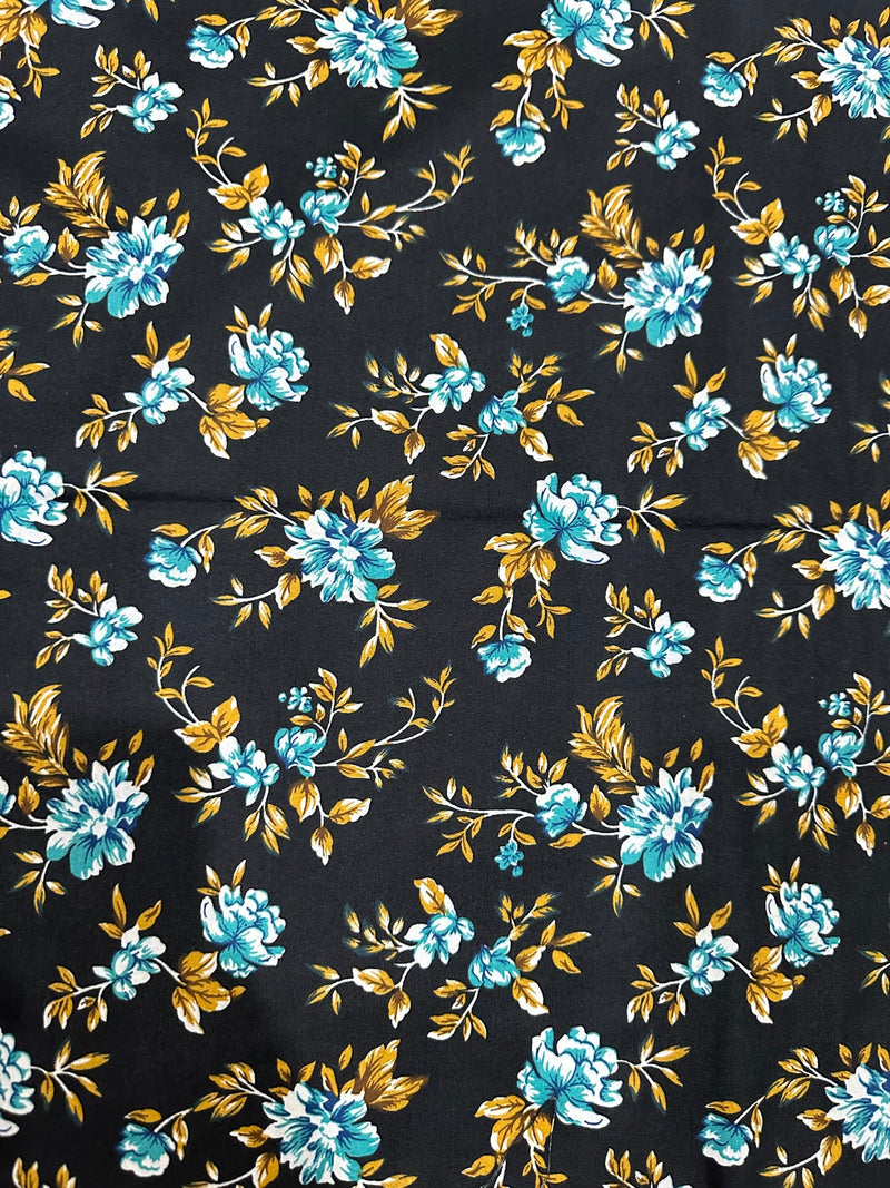 Blue Blossom on Black Print 2-Piece Unstitched Suit (D-291)