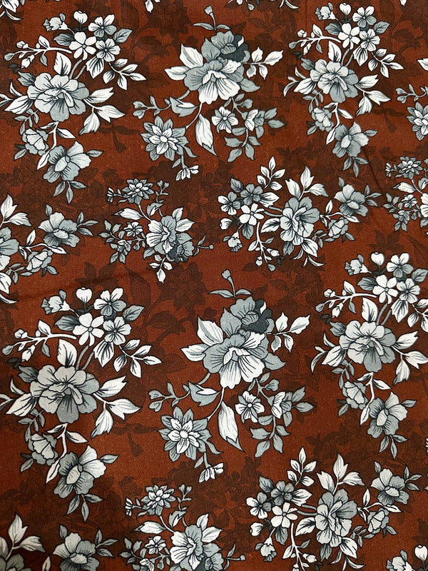 Brown Elegant Rose Print 2-Piece Unstitched Suit (D-342)