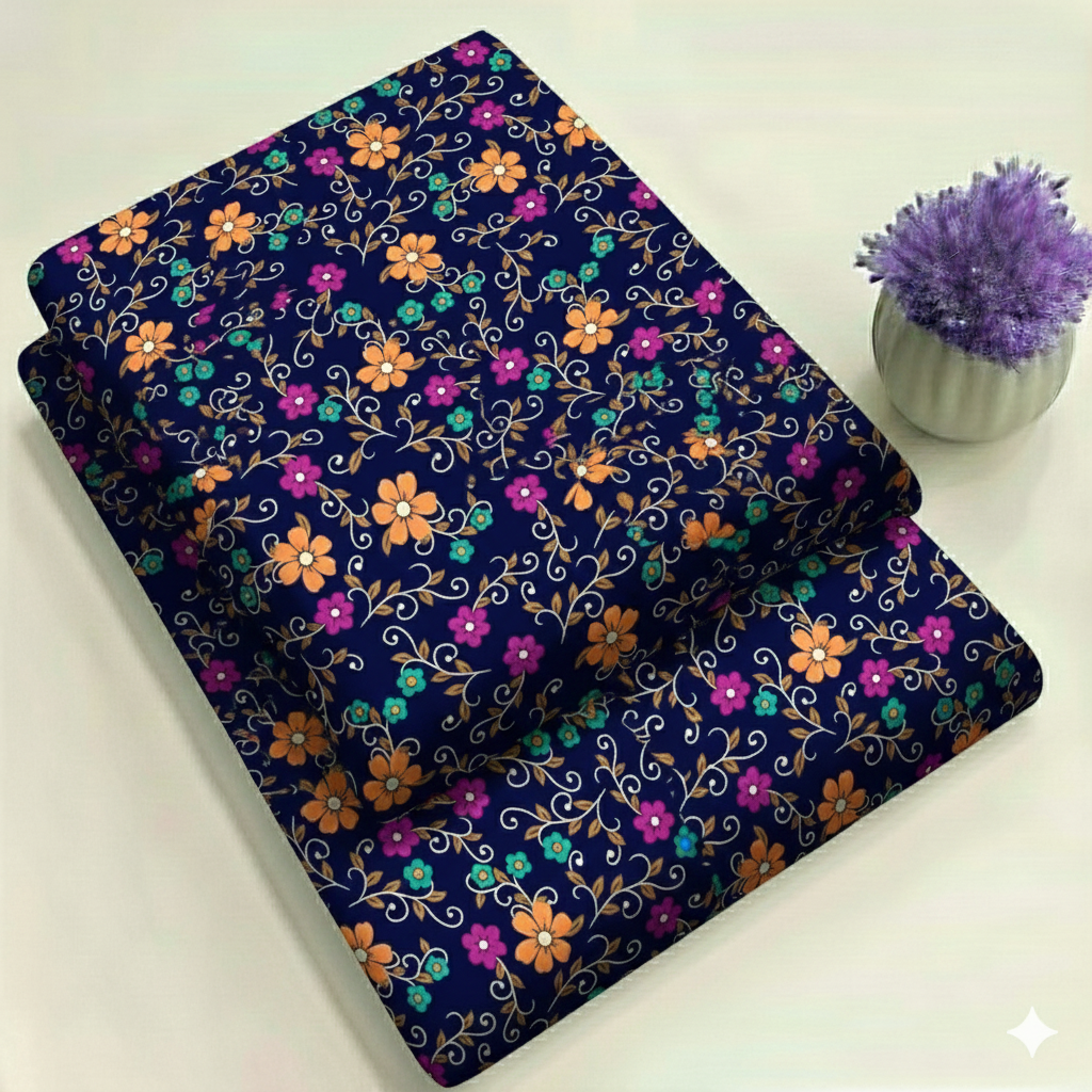 Midnight Blue Suit with Orange & Purple Floral Print 2-Piece Unstitched Suit