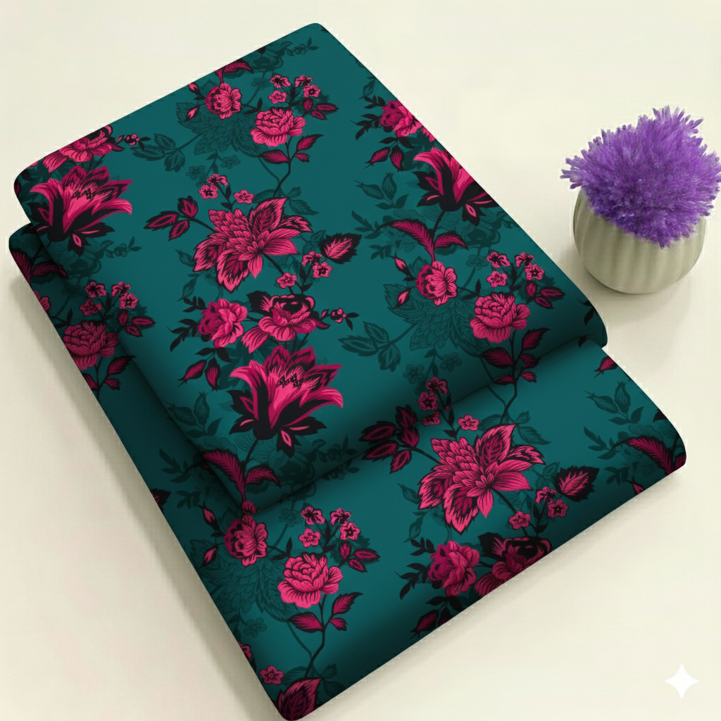 Teal & Hot Pink Floral Print 2-Piece Unstitched Suit (D-325)