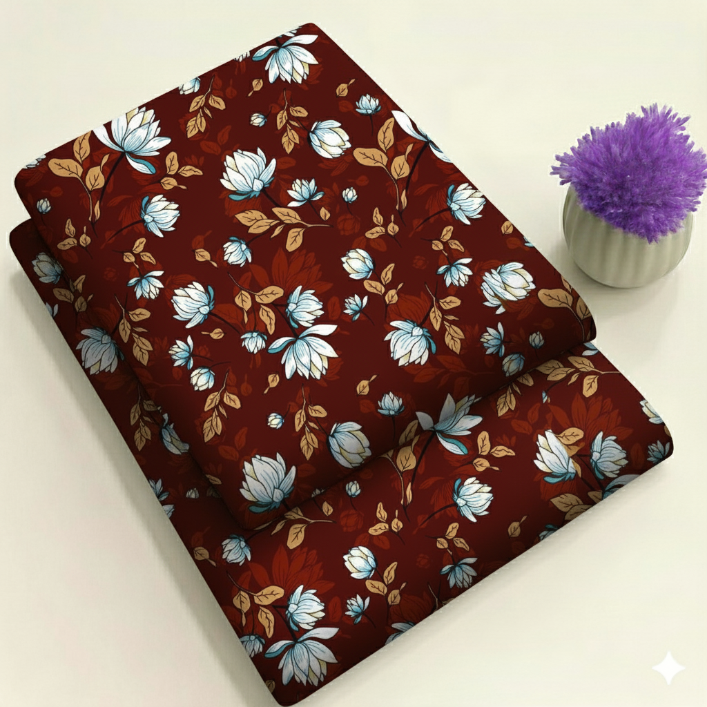 Burgundy with Aqua & Cream Flowers Print 2-Piece Unstitched Suit (D-363)