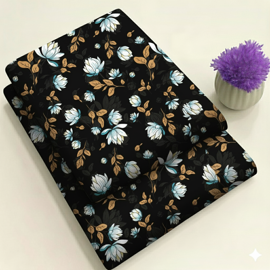 Midnight Black with Aqua & Cream Flowers Print 2-Piece Unstitched Suit (D-363)