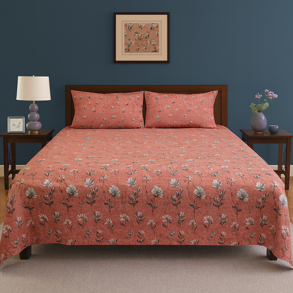Coral Pink Floral Print Design Cotton Bedsheet