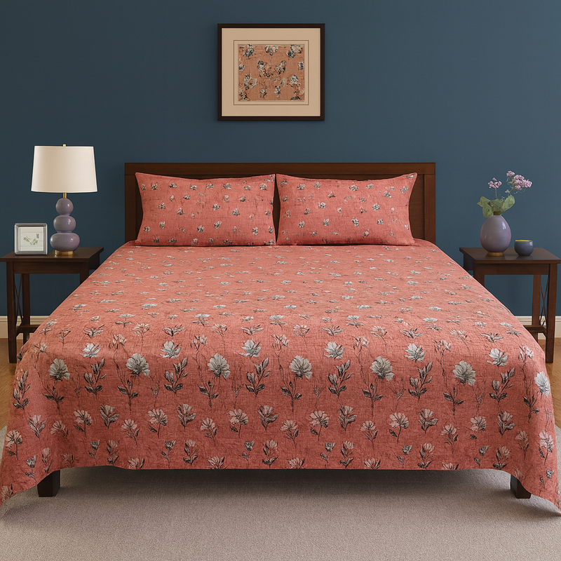 Coral Pink Floral Print Design Cotton Bedsheet