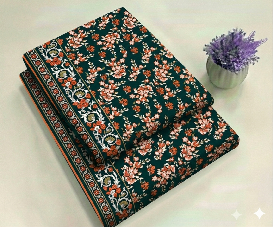 Green Gardenia Print 2-Piece Unstitched Suit (D-399)