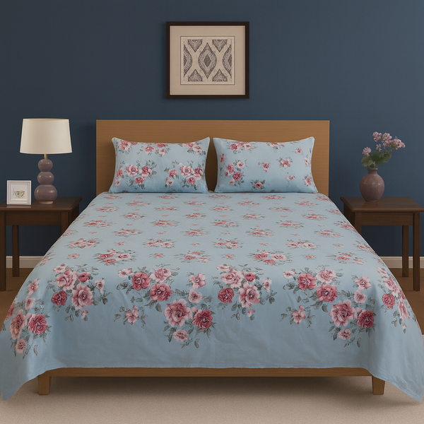 Sky Blue Botanical Bloom Design Crystal Cotton Printed Bedsheet