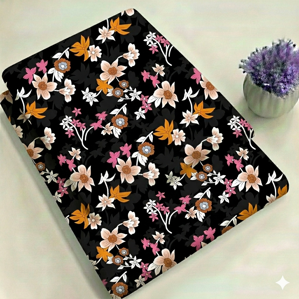 Black Garden Bloom Print 2-Piece Unstitched Suit (D-393)