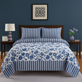 Blue Floral & Striped Print Design Cotton Bedsheet COTTON CRAFT